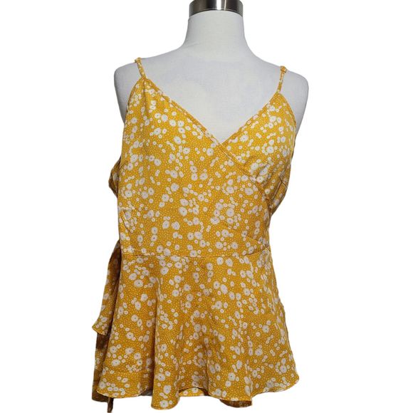 SHEIN Women's Yellow Ditsy Floral Spaghetti Strap Cami Peplum Wrap Top Size 16 - Picture 1 of 6